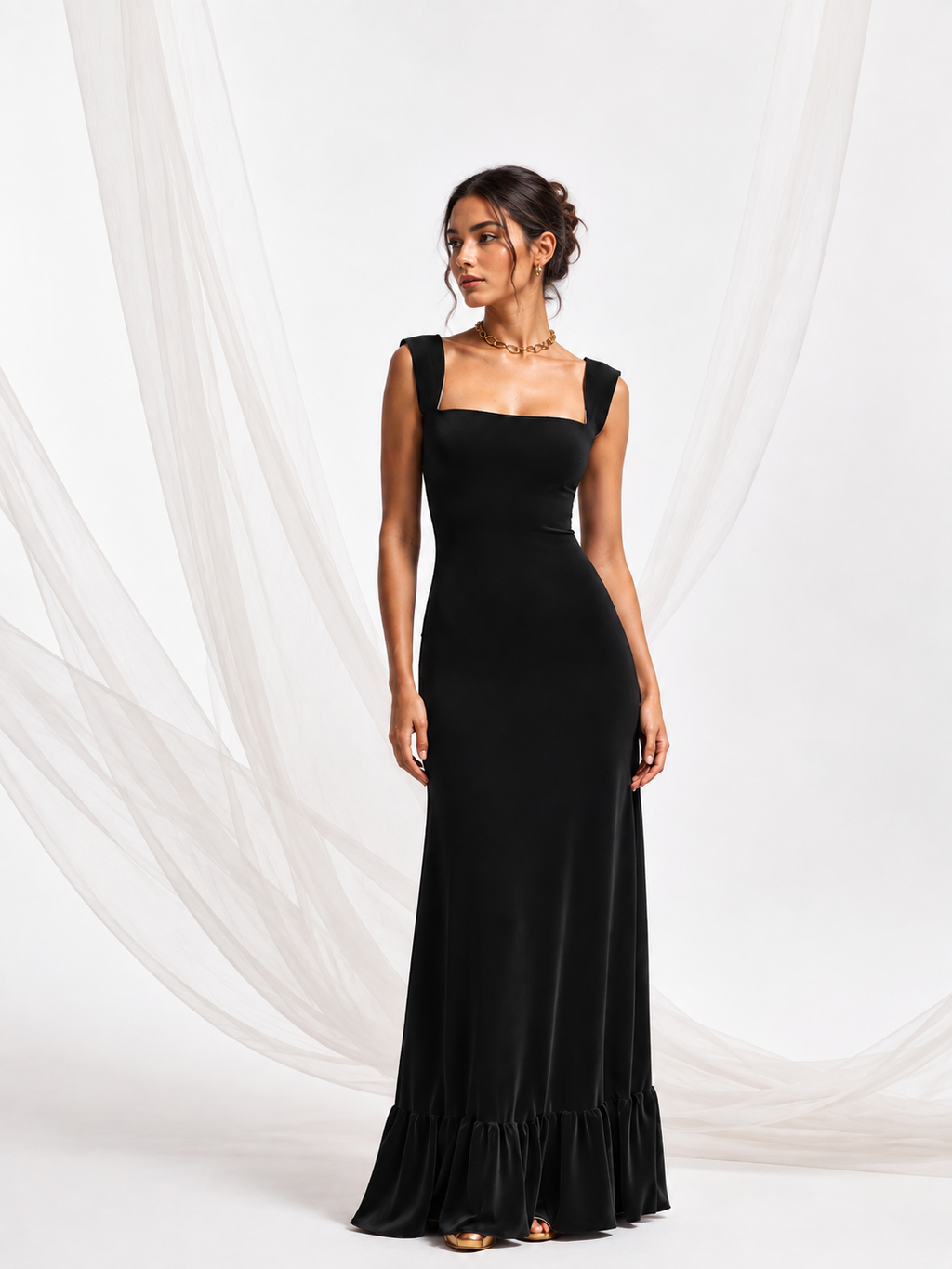 Black Square Neck Evening Gown I Noir I vnelle