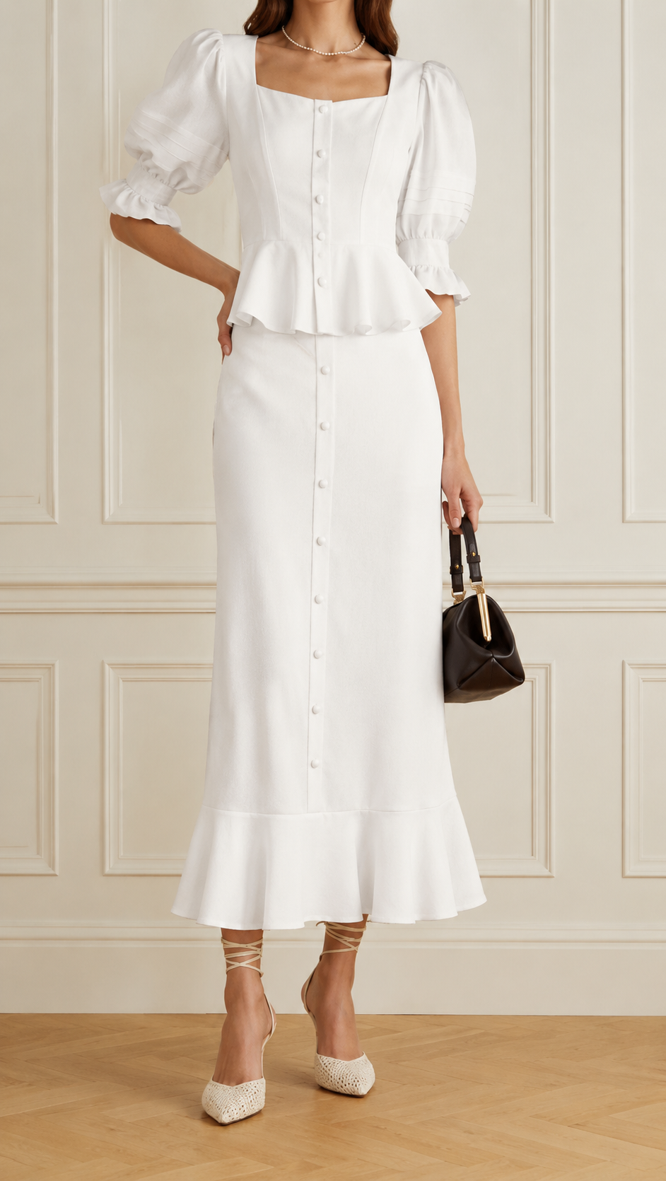 Women White Solid Square Neck Puff Sleeve Peplum Midi Dress