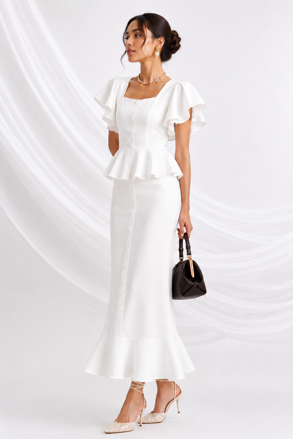 Women White Solid Square Neck Puff Sleeve Peplum Midi Dress