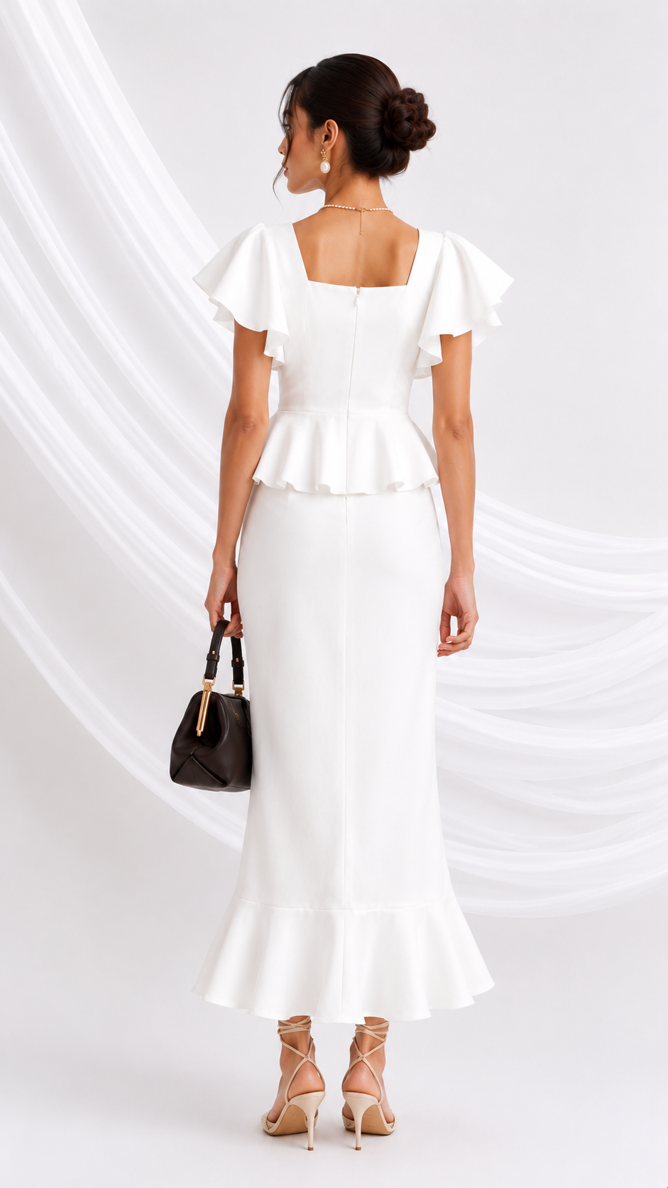 Women White Solid Square Neck Puff Sleeve Peplum Midi Dress