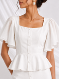 Women White Solid Square Neck Puff Sleeve Peplum Midi Dress