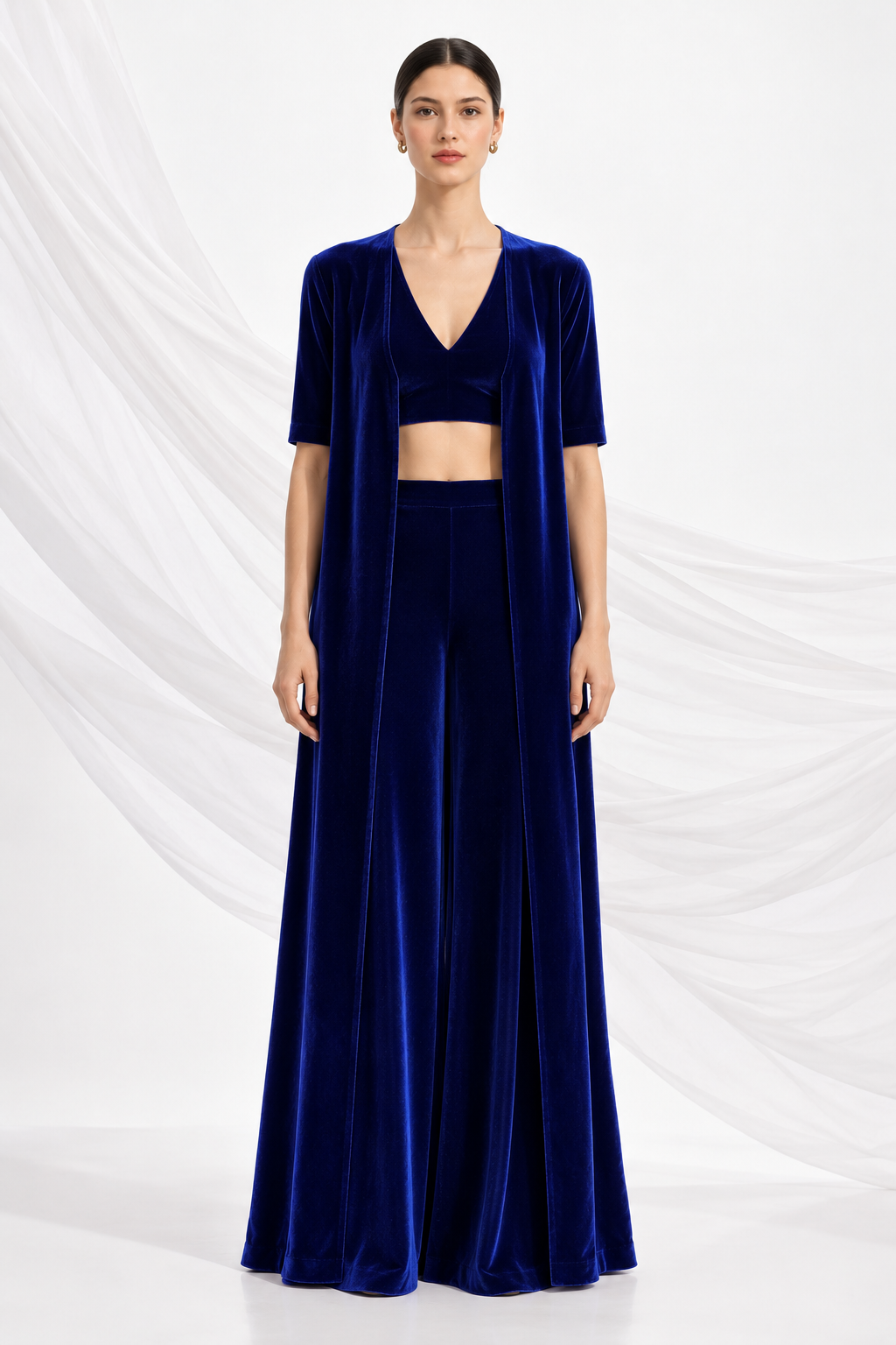 Women Royal Blue Velvet 3 Piece Co-ord Set
