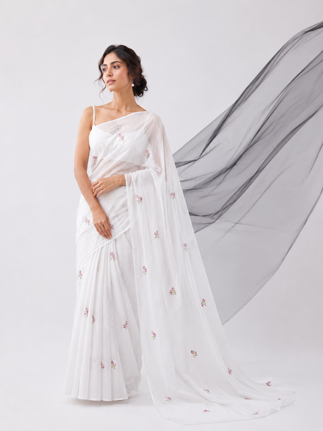 Elegant White Floral Printed MUL COTTON Saree with Soft Pink Motifs