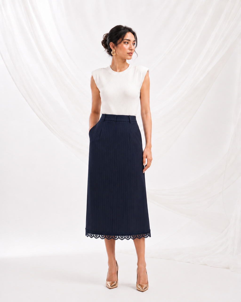 Navy Blue Pinstripe Midi Skirt