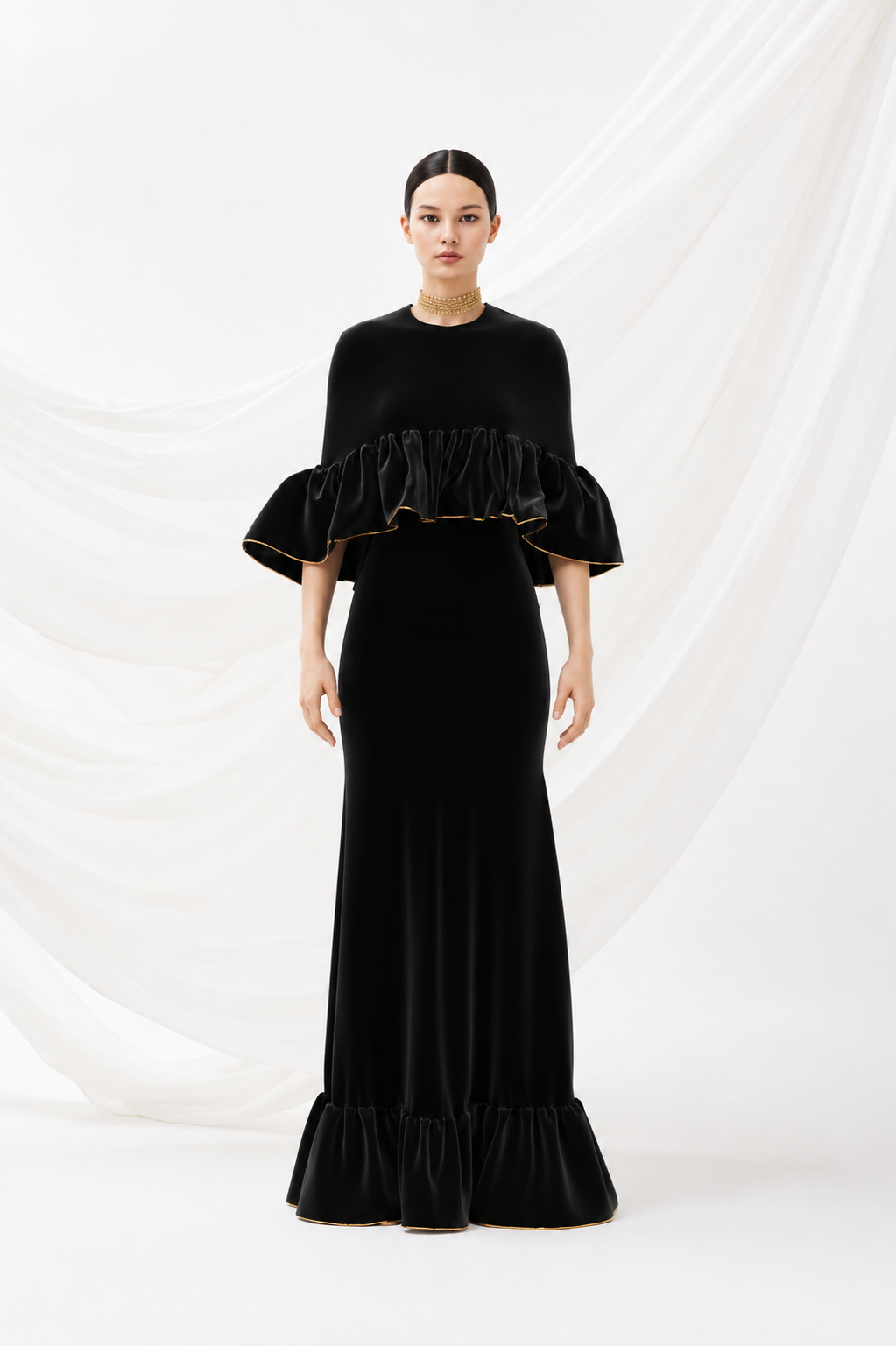 Black Ruffle Cape Gown I Noir I Vnelle