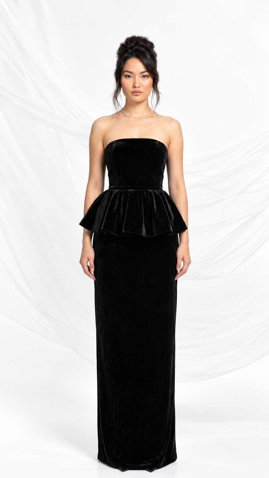 Floor-length black velvet gown