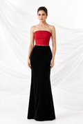 Red Textured Strapless Corset Top with Black Velvet High-Waisted Skirt