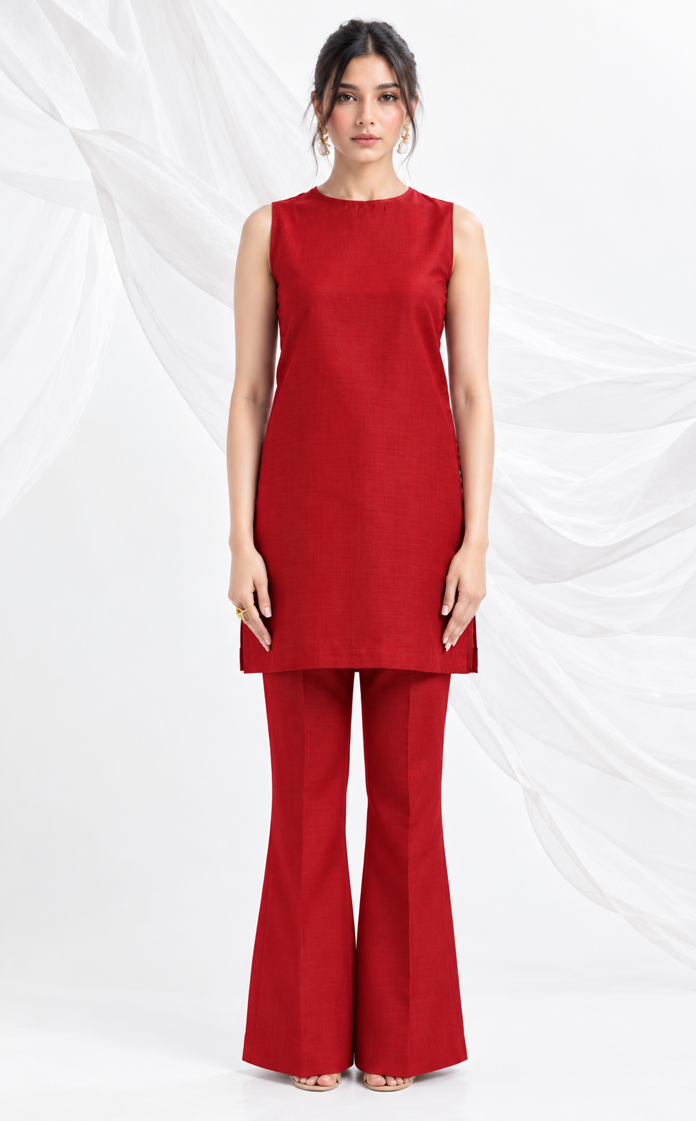 Red Sleeveless Kurta & Flared Trouser Set