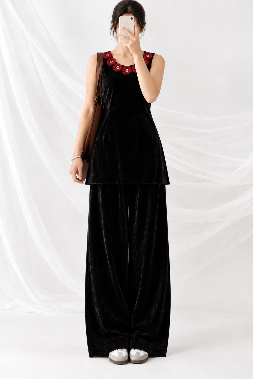 Black velvet two-piece co-ord