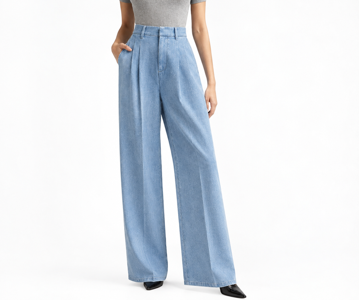 High-waisted light-blue denim trousers