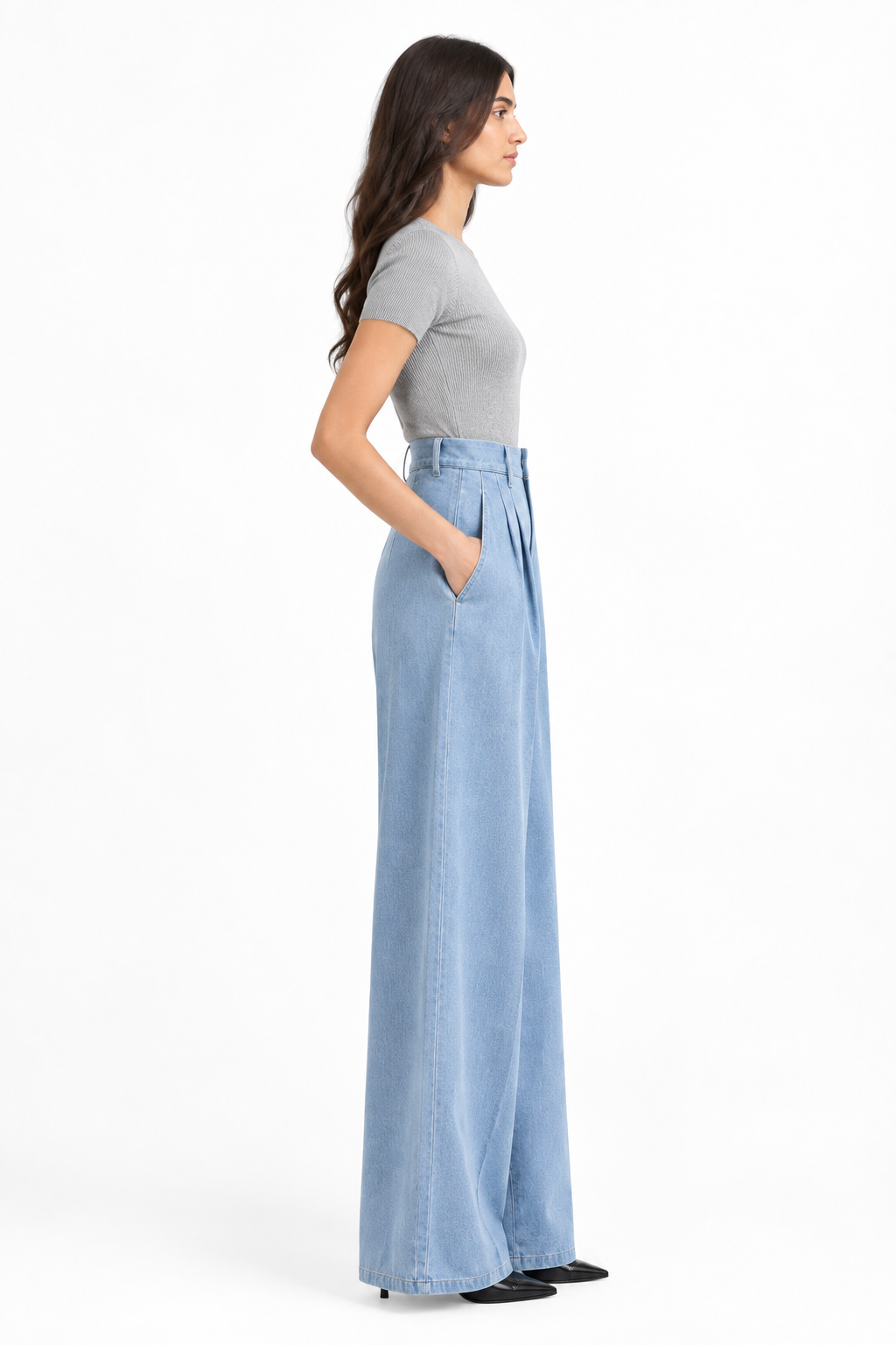 High-waisted light-blue denim trousers