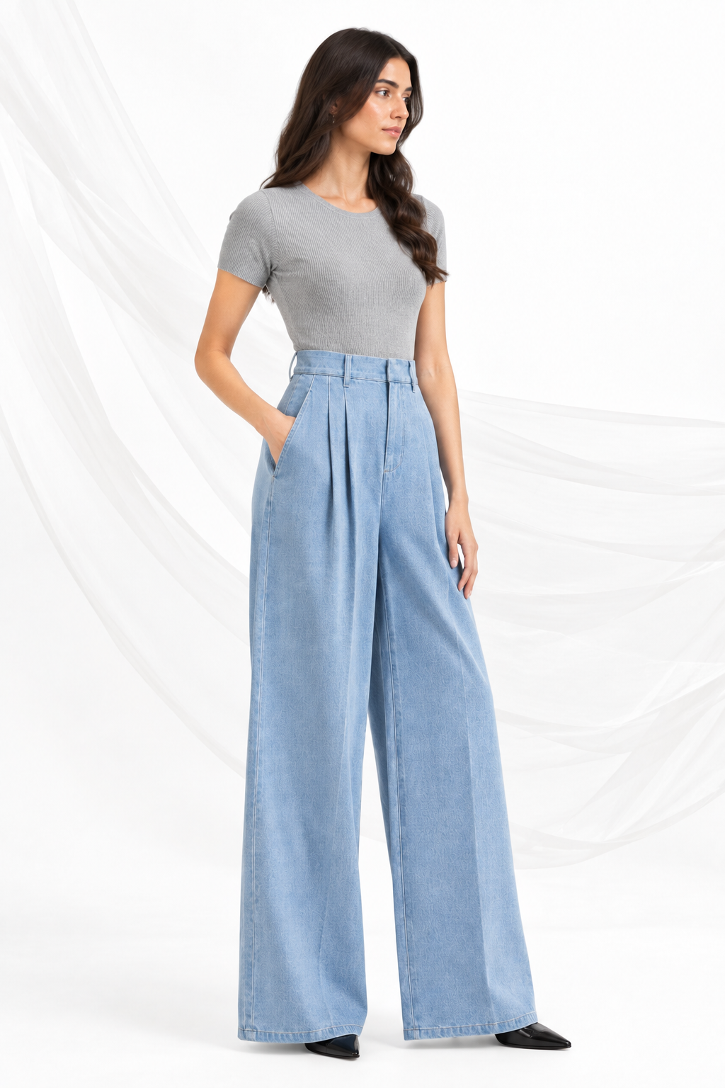 High-waisted light-blue denim trousers