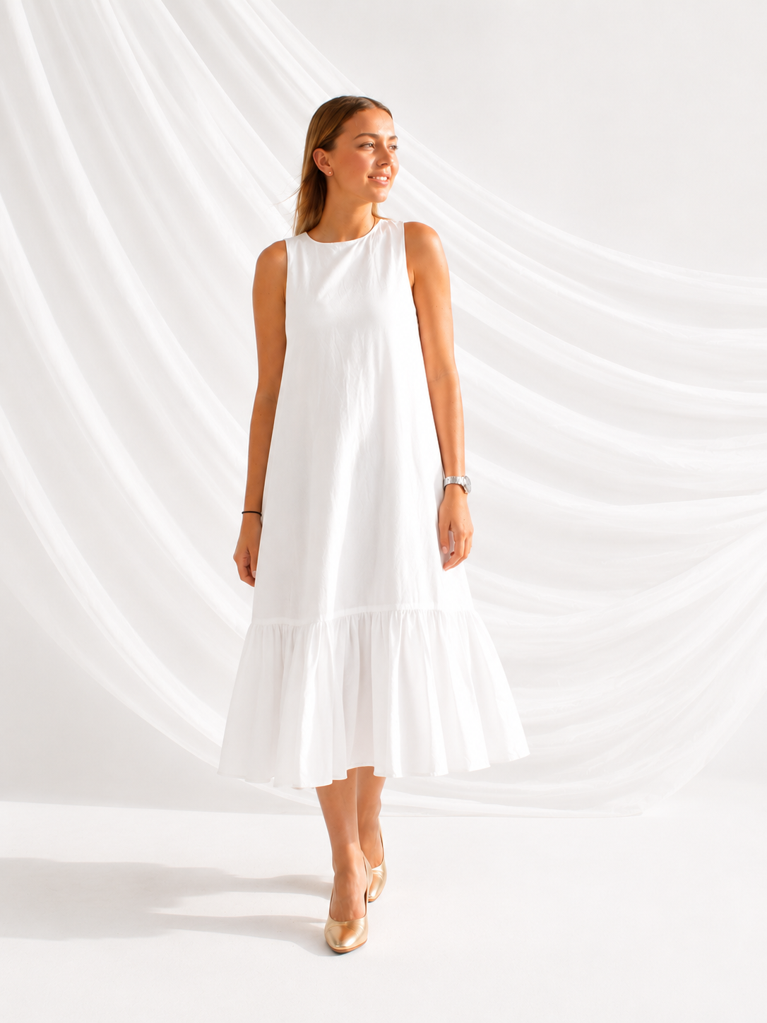Solid white sleeveless A-line midi dress