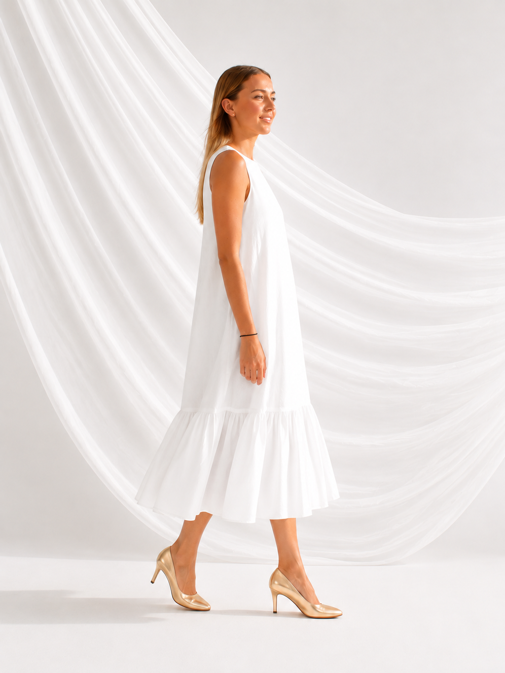 Solid white sleeveless A-line midi dress