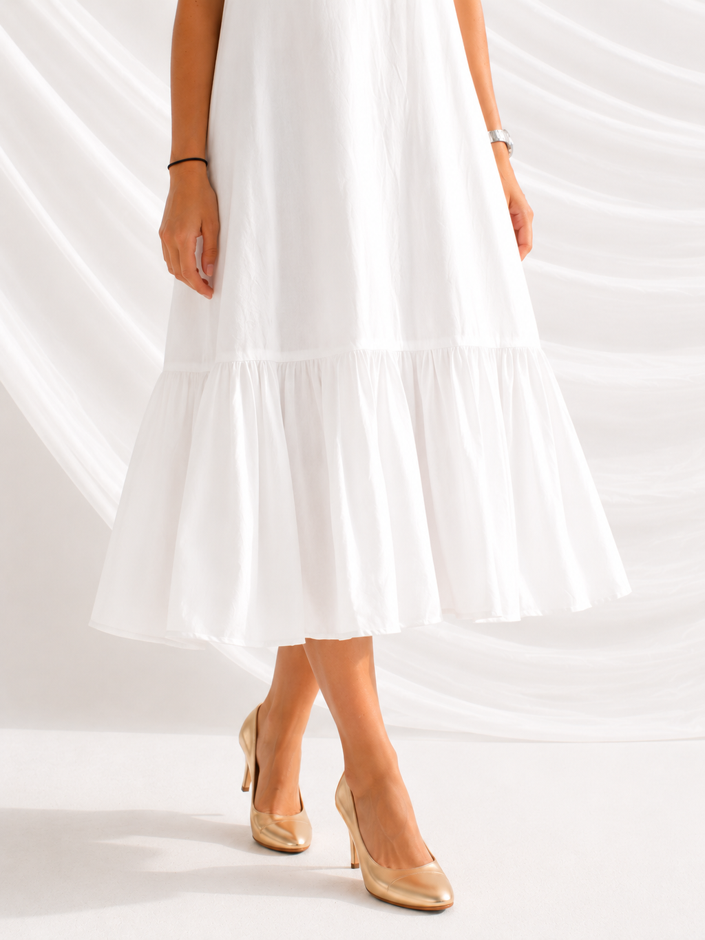 Solid white sleeveless A-line midi dress