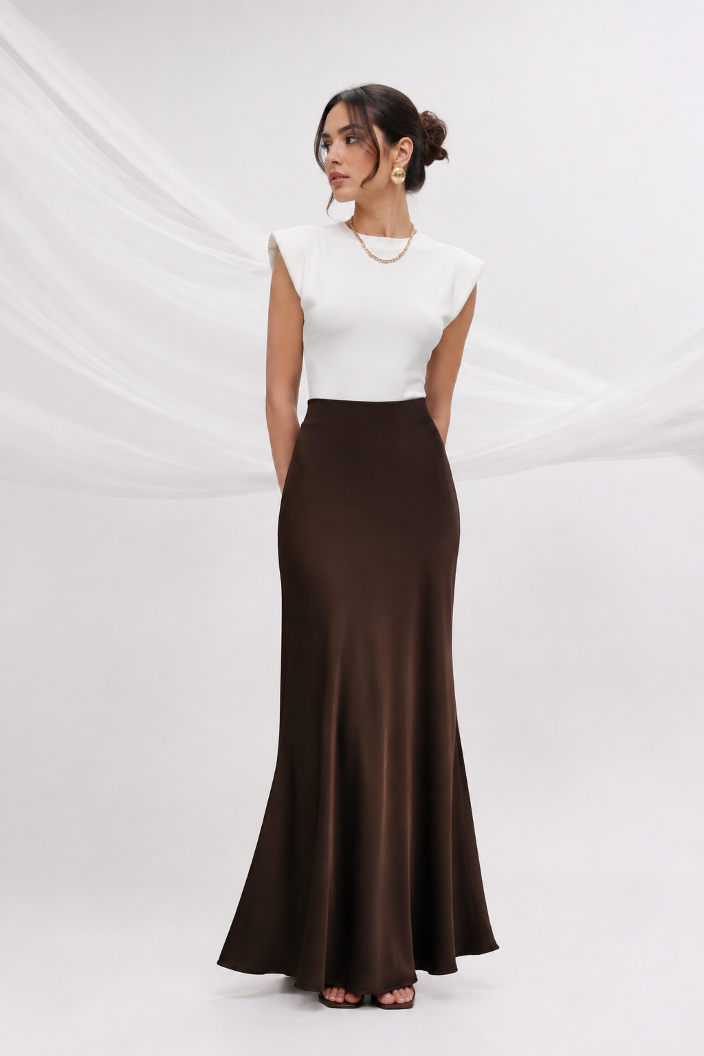 women’s solid brown high-waist flared maxi skirt