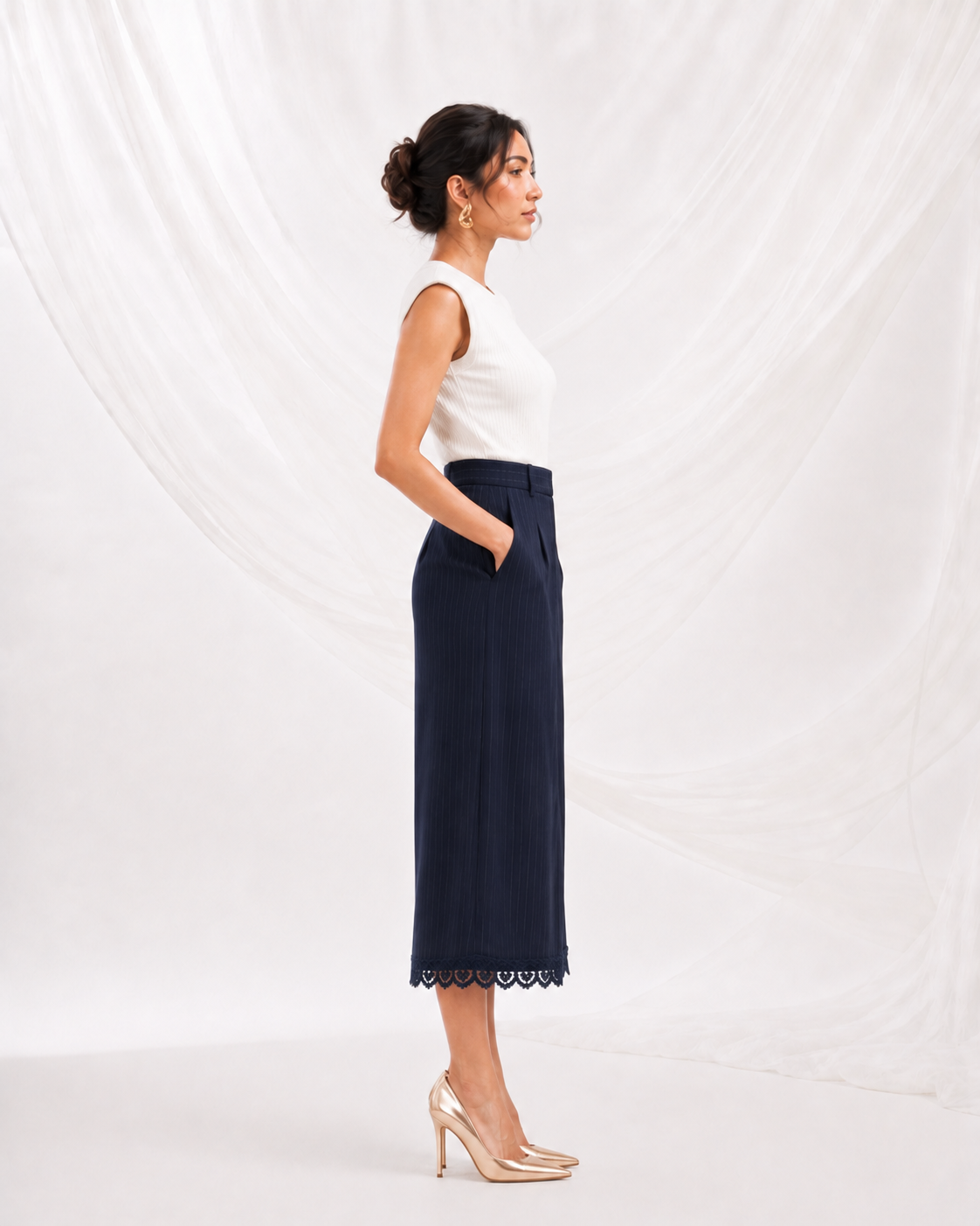 Navy Blue Pinstripe Midi Skirt