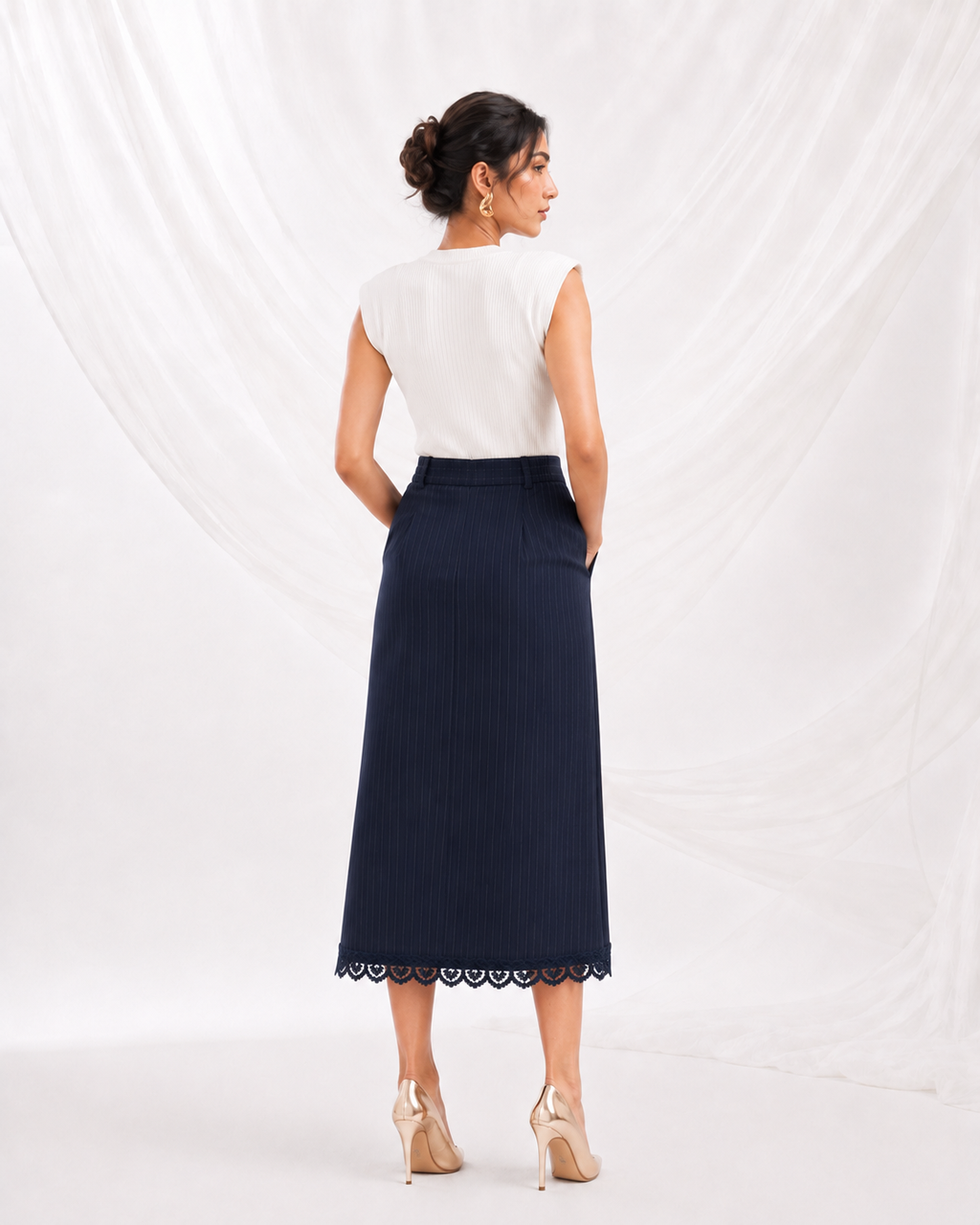 Navy Blue Pinstripe Midi Skirt