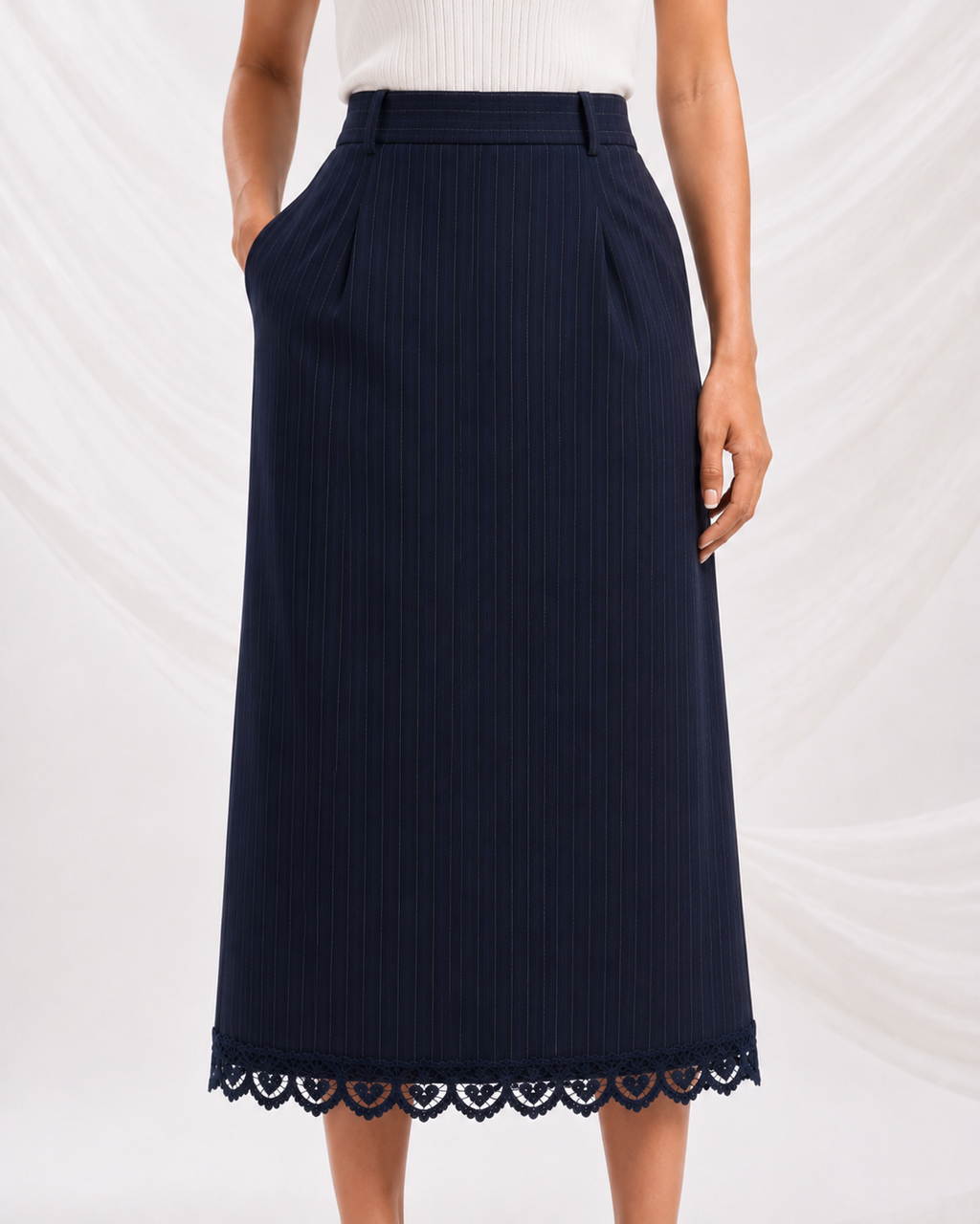 Navy Blue Pinstripe Midi Skirt