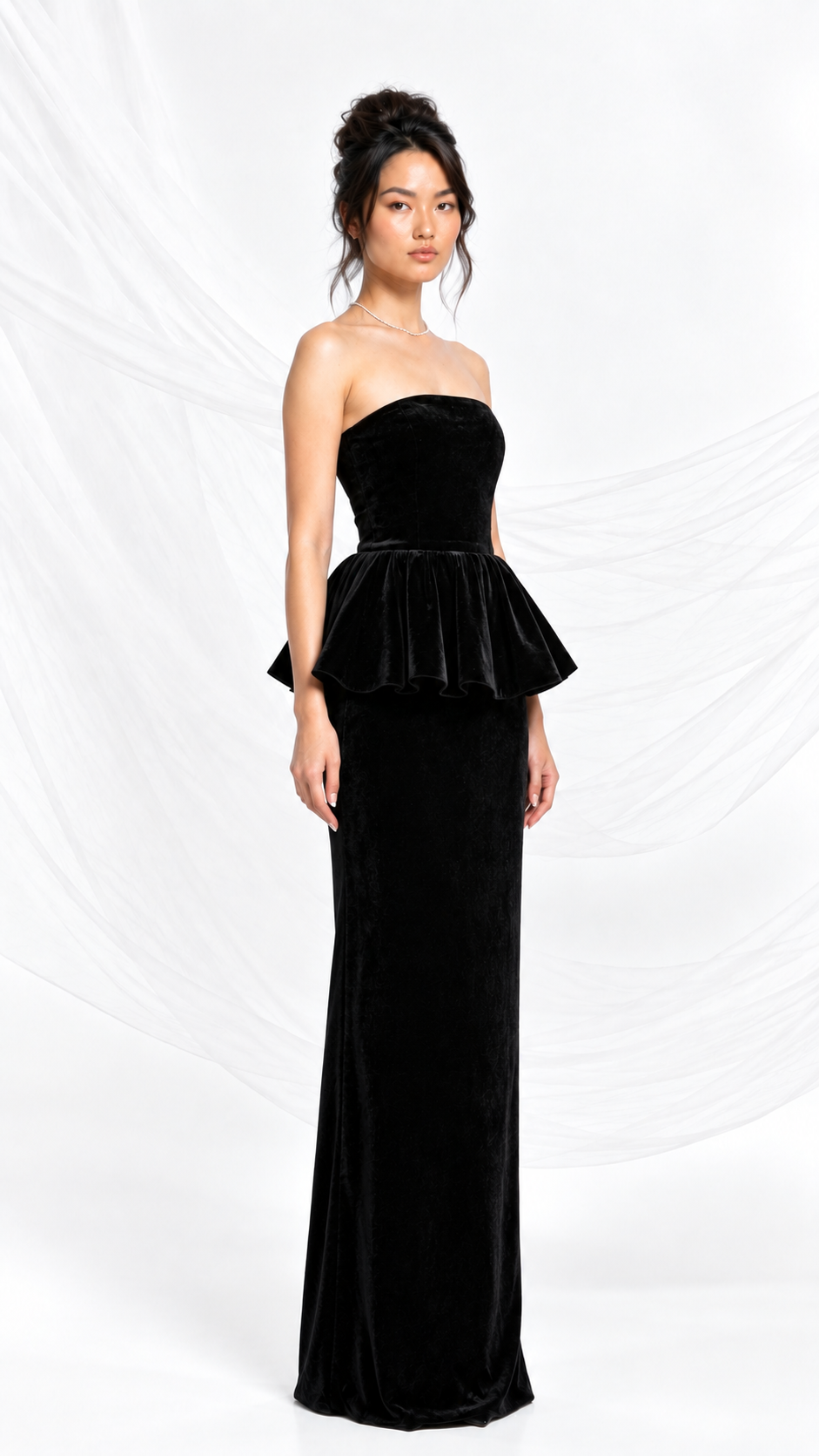 Floor-length black velvet gown