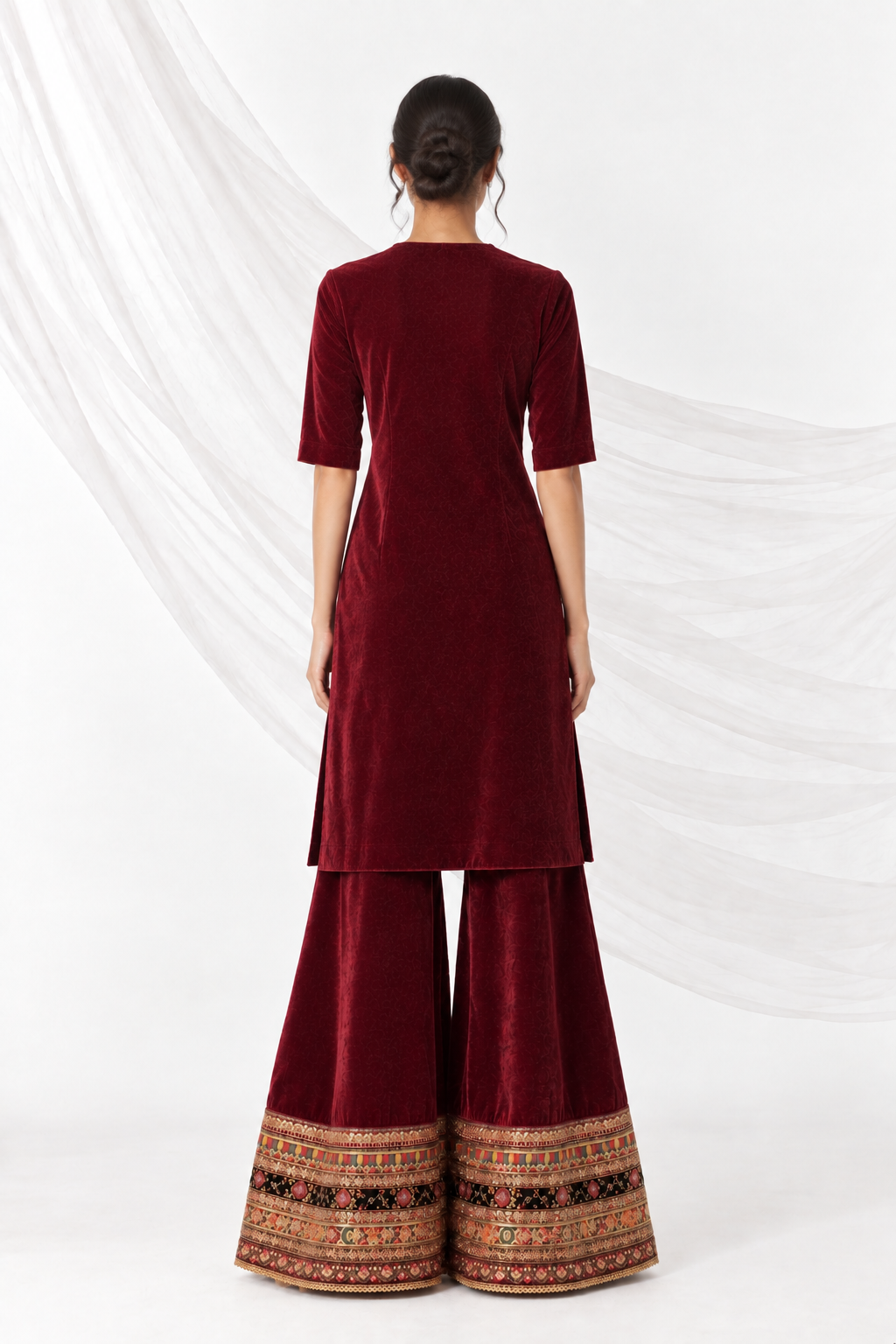 Deep burgundy velvet kurta set