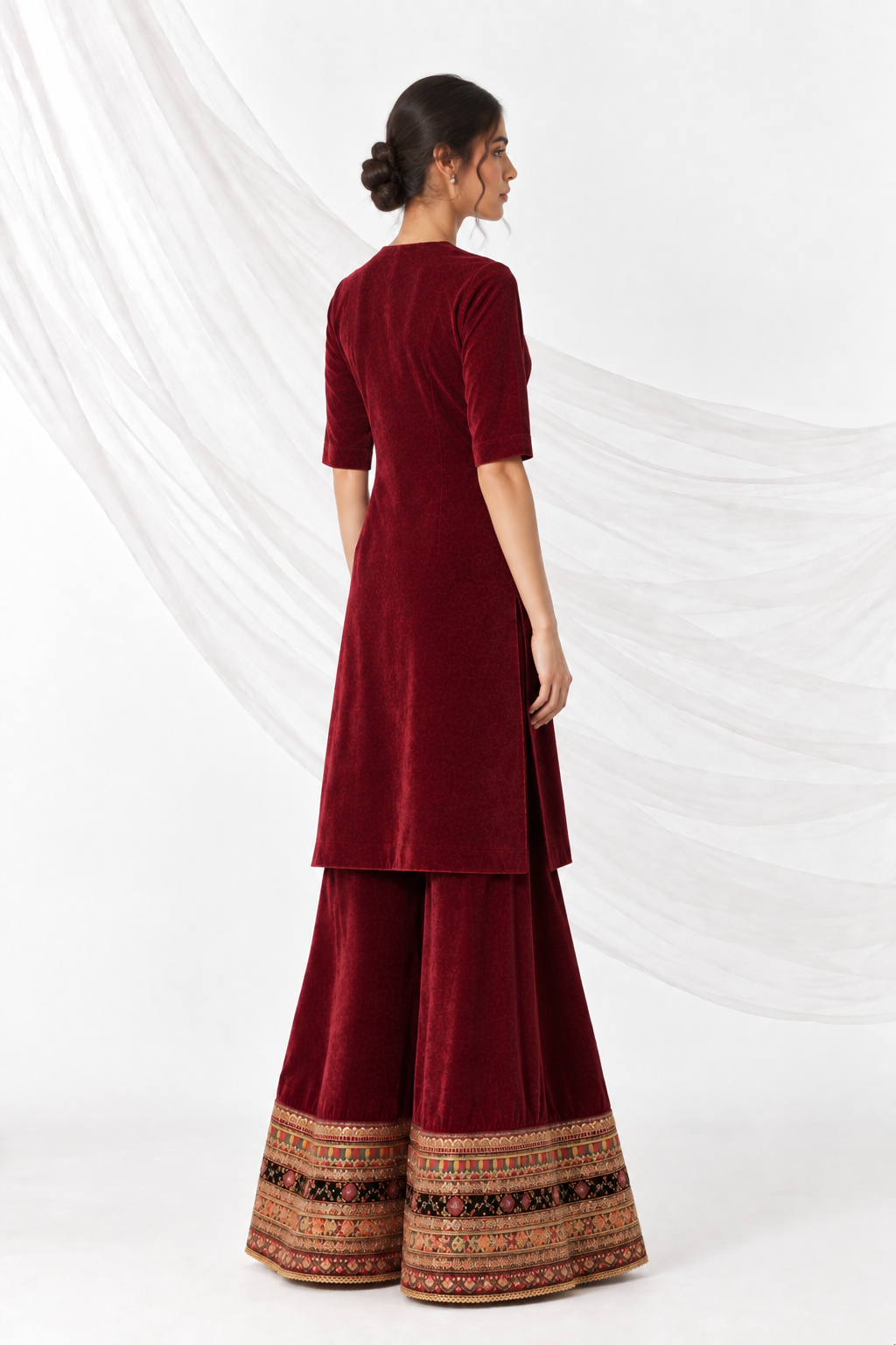 Deep burgundy velvet kurta set