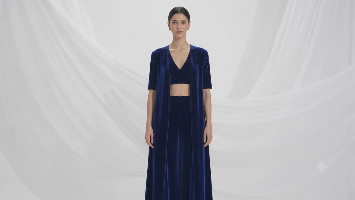 Women Royal Blue Velvet 3 Piece Co-ord Set