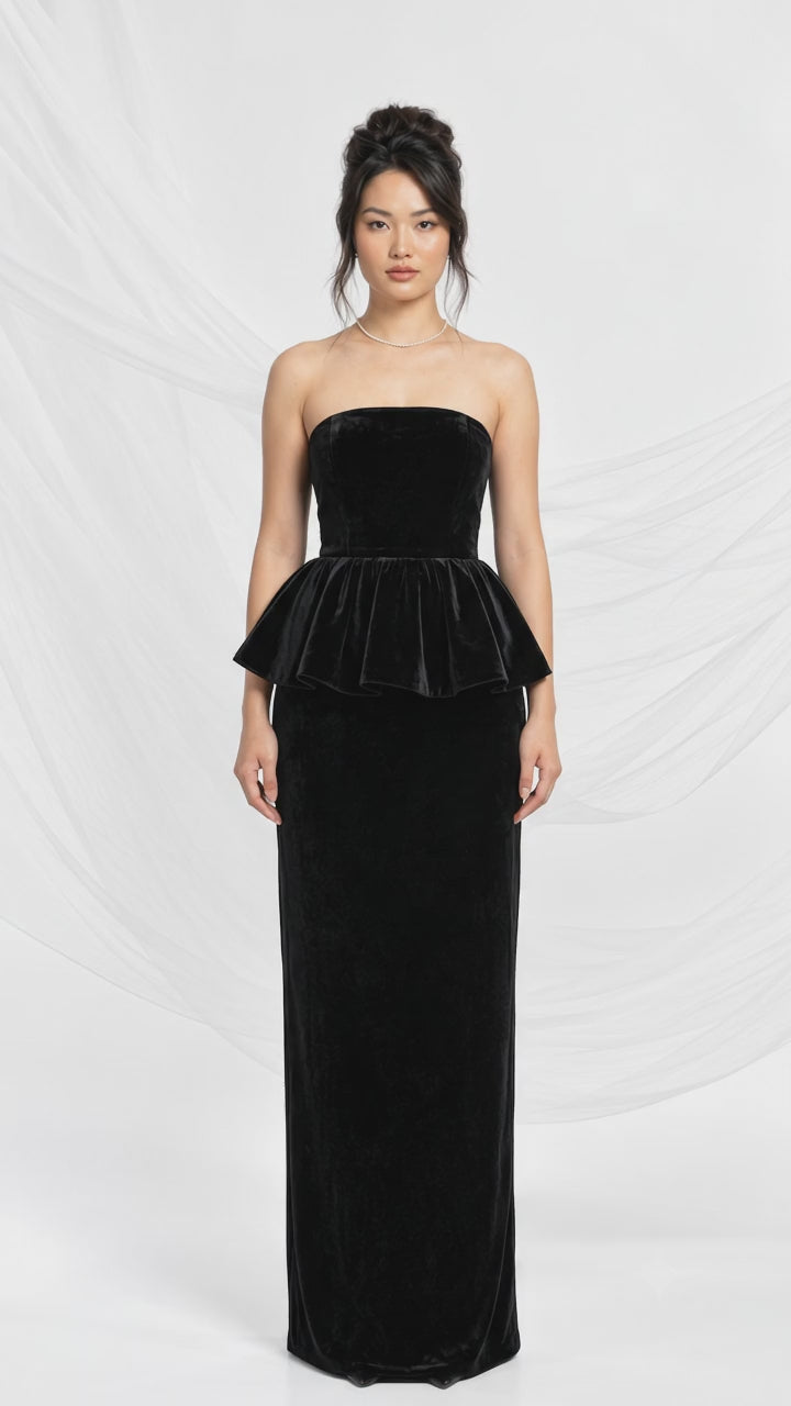 Floor-length black velvet gown