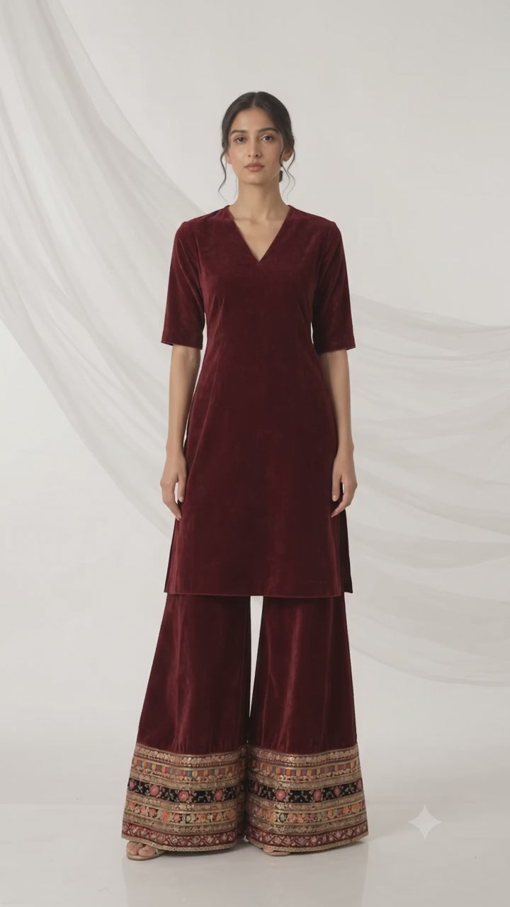 Deep burgundy velvet kurta set